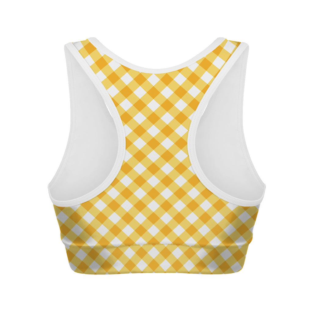 Honey Yellow And White Gingham Print Women's Sports Bra