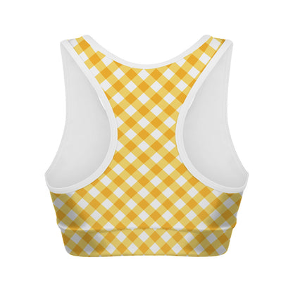 Honey Yellow And White Gingham Print Women's Sports Bra
