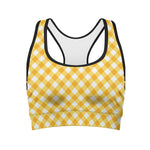 Honey Yellow And White Gingham Print Women's Sports Bra