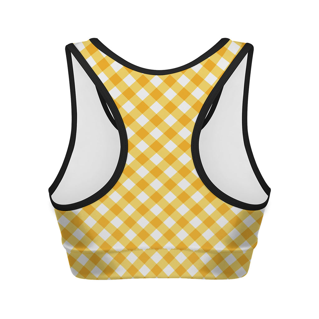 Honey Yellow And White Gingham Print Women's Sports Bra