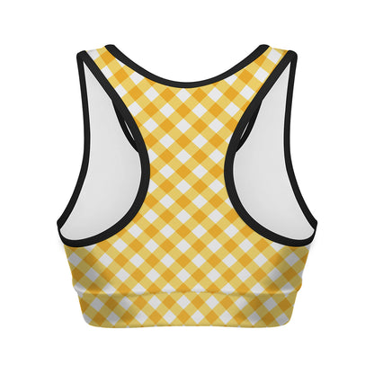 Honey Yellow And White Gingham Print Women's Sports Bra