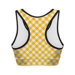 Honey Yellow And White Gingham Print Women's Sports Bra
