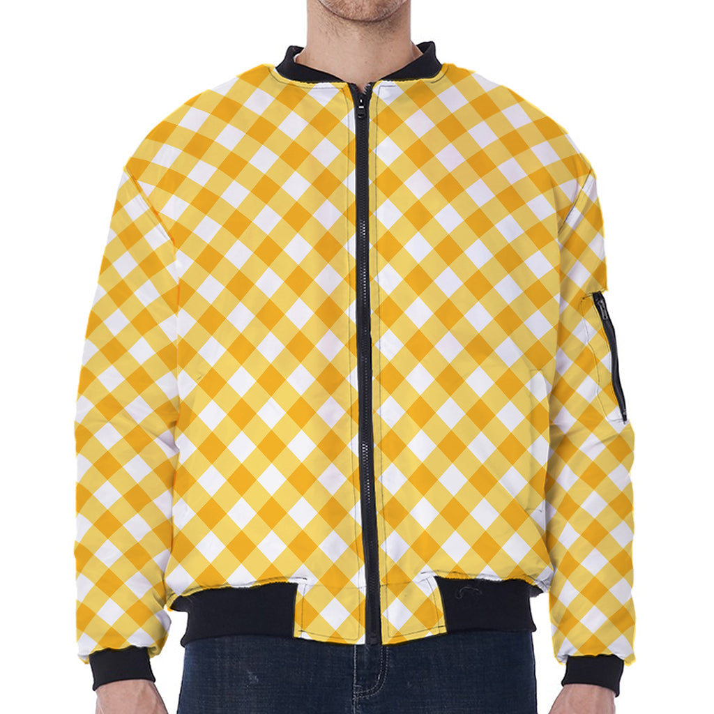 Honey Yellow And White Gingham Print Zip Sleeve Bomber Jacket