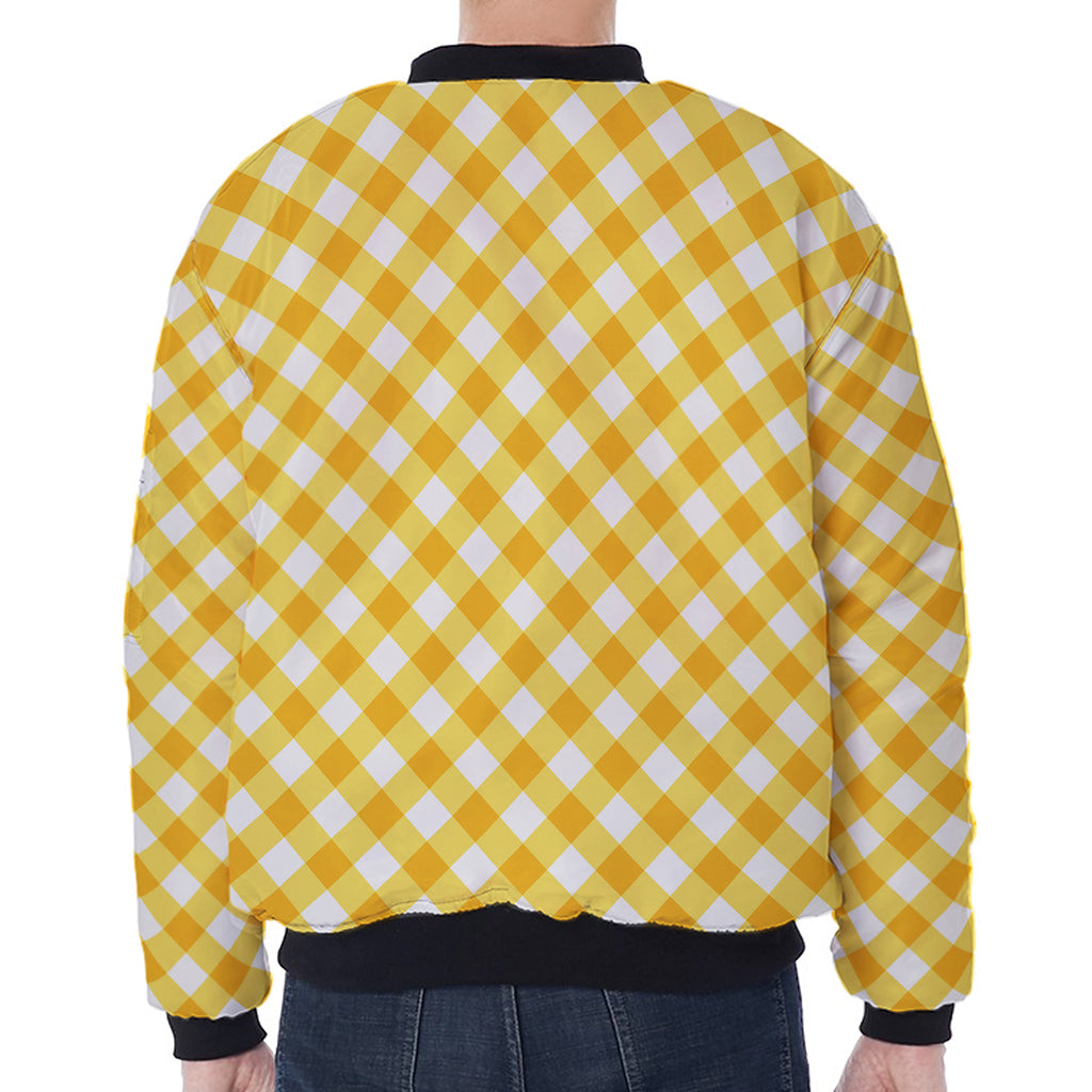Honey Yellow And White Gingham Print Zip Sleeve Bomber Jacket