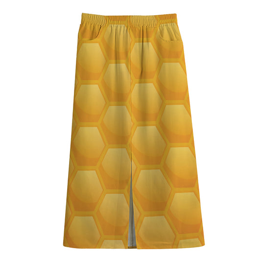 Honeycomb Pattern Print Cotton Front Slit Maxi Skirt