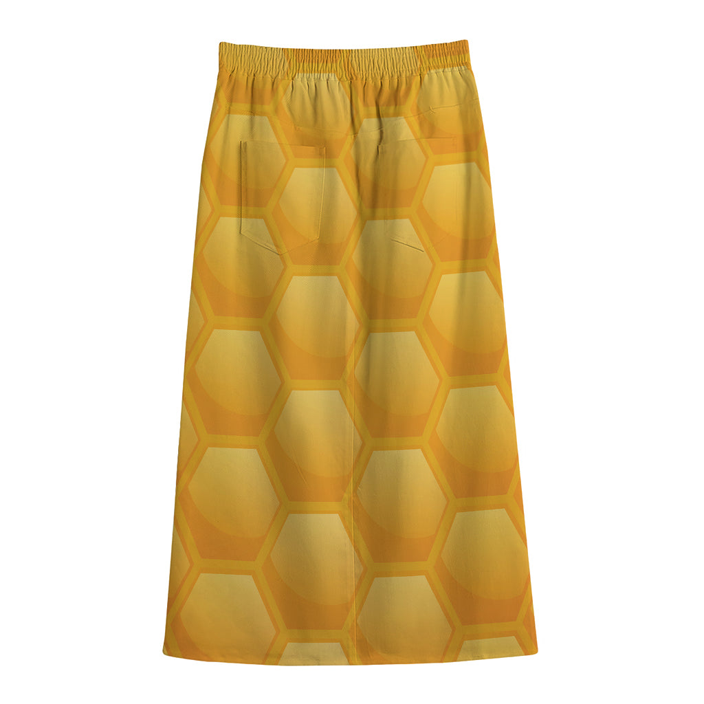 Honeycomb Pattern Print Cotton Front Slit Maxi Skirt