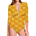 Honeycomb Pattern Print Long Sleeve Swimsuit