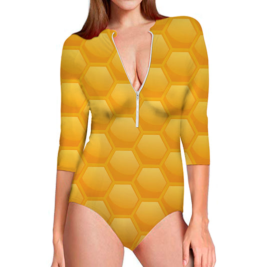 Honeycomb Pattern Print Long Sleeve Swimsuit