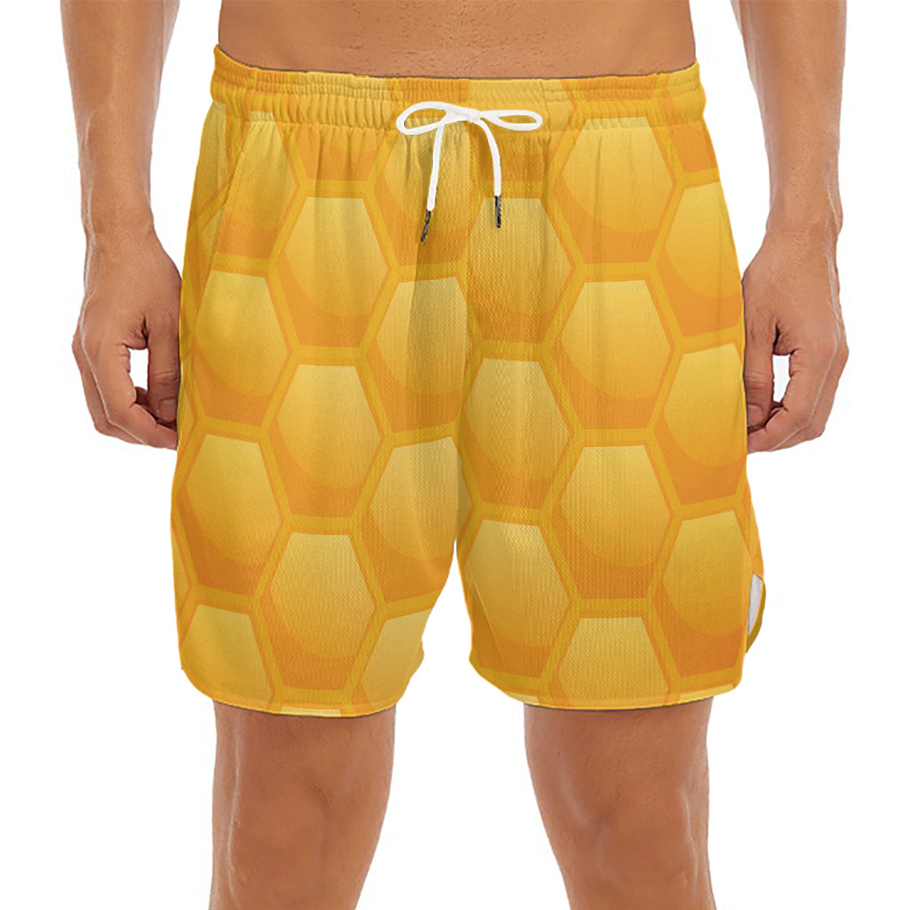 Honeycomb Pattern Print Men's Split Running Shorts