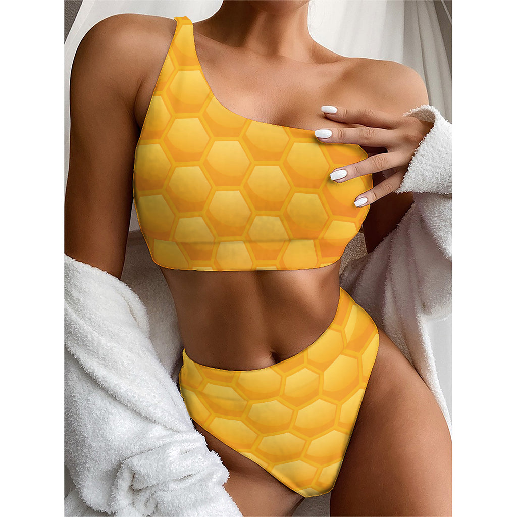 Honeycomb Pattern Print One Shoulder Bikini Top