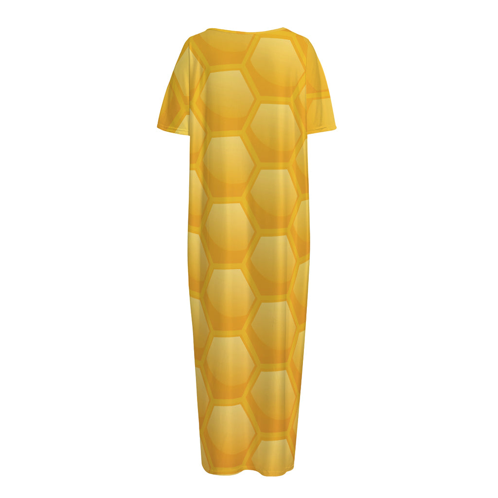 Honeycomb Pattern Print Short Sleeve Long Nightdress