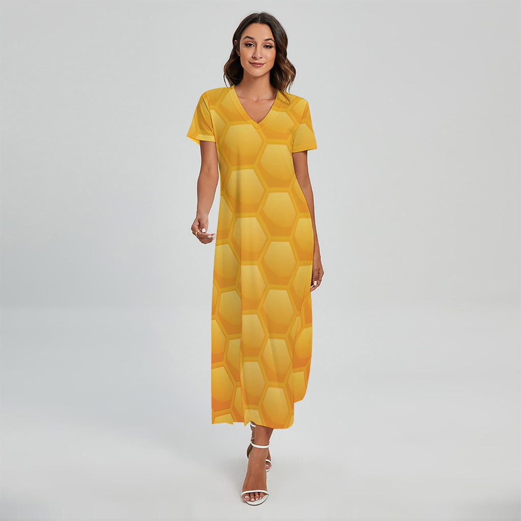 Honeycomb Pattern Print Short Sleeve Maxi Dress