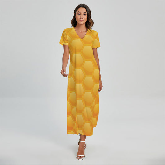 Honeycomb Pattern Print Short Sleeve Maxi Dress