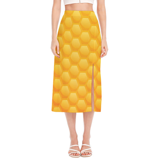 Honeycomb Pattern Print Side Slit Midi Skirt