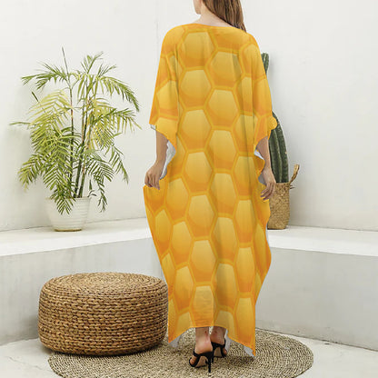 Honeycomb Pattern Print Silk V-Neck Kaftan Dress