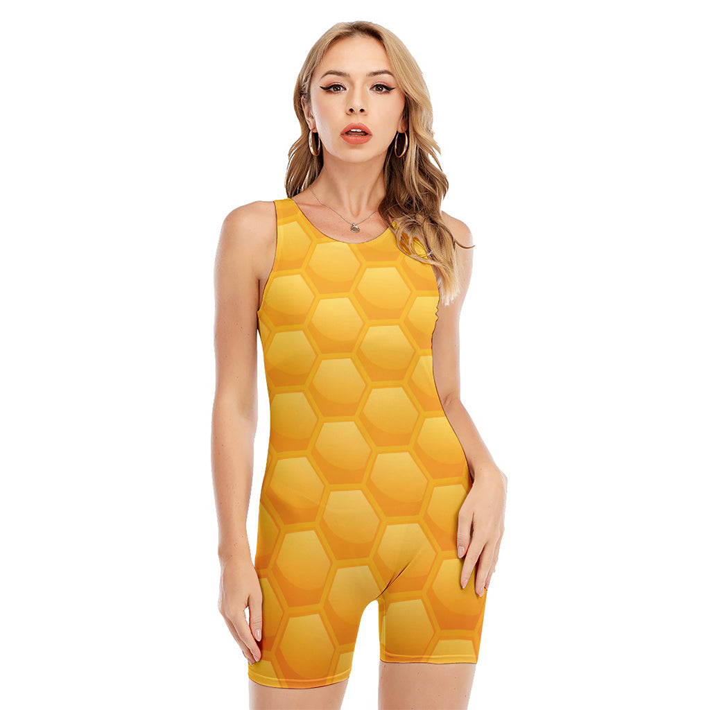 Honeycomb Pattern Print Sleeveless One Piece Swimsuit