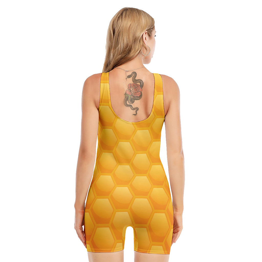Honeycomb Pattern Print Sleeveless One Piece Swimsuit