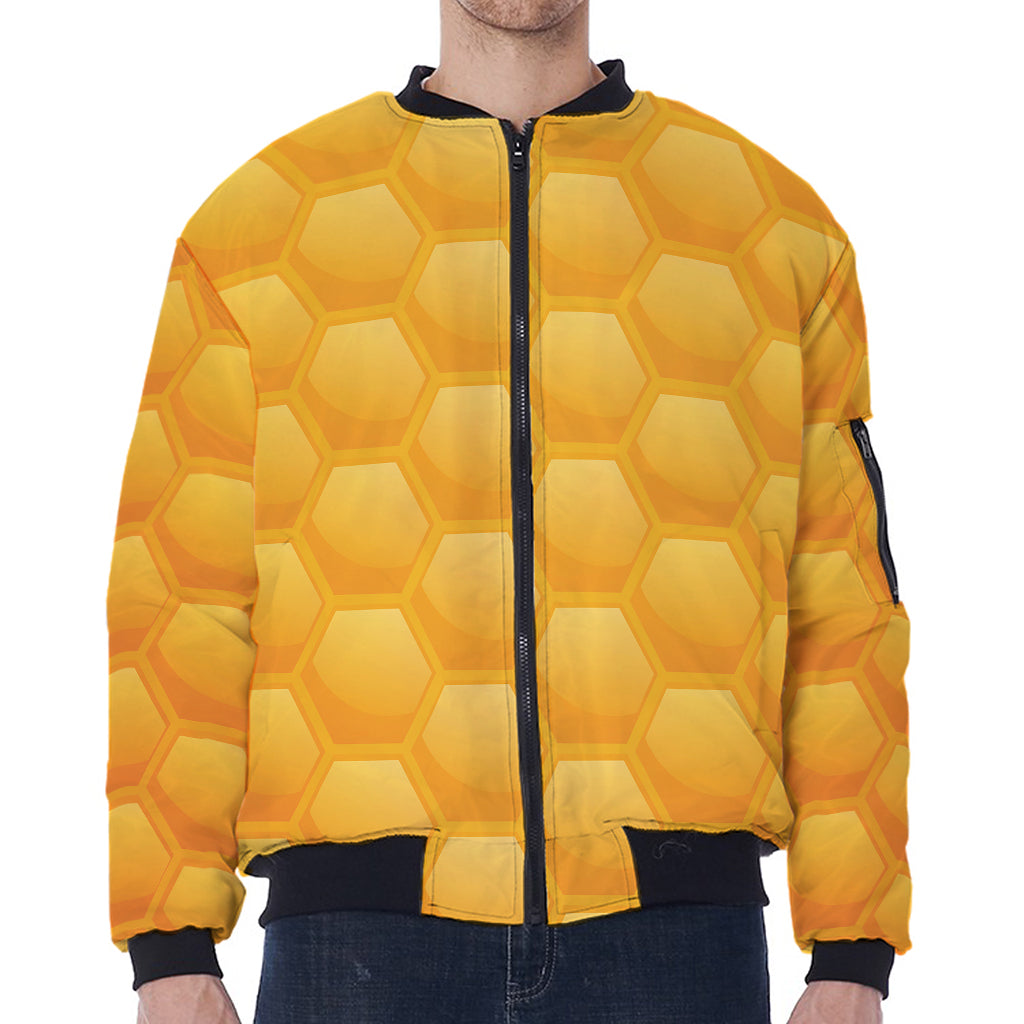 Honeycomb Pattern Print Zip Sleeve Bomber Jacket