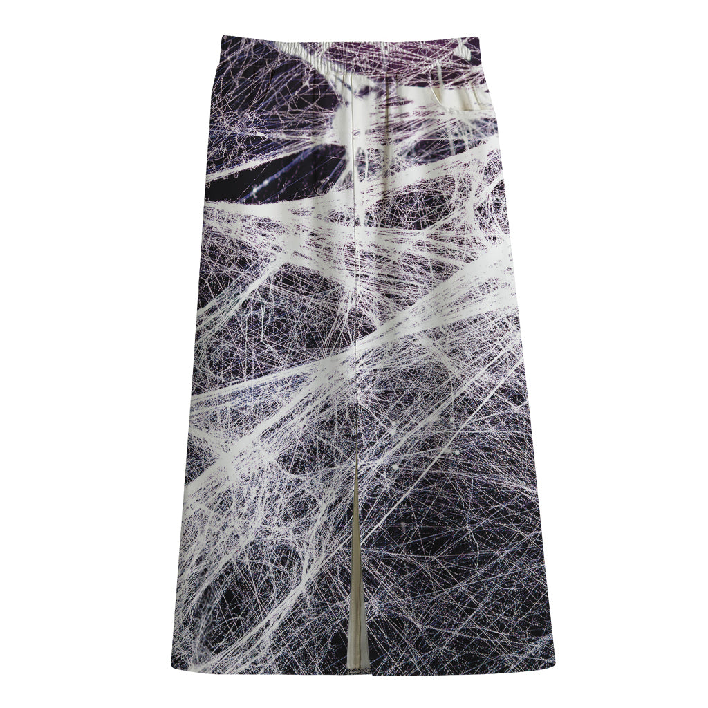 Horror Cobweb Print Cotton Front Slit Maxi Skirt