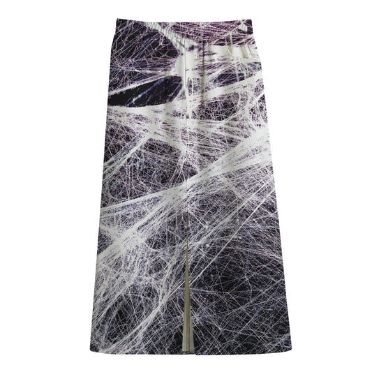 Horror Cobweb Print Cotton Front Slit Maxi Skirt