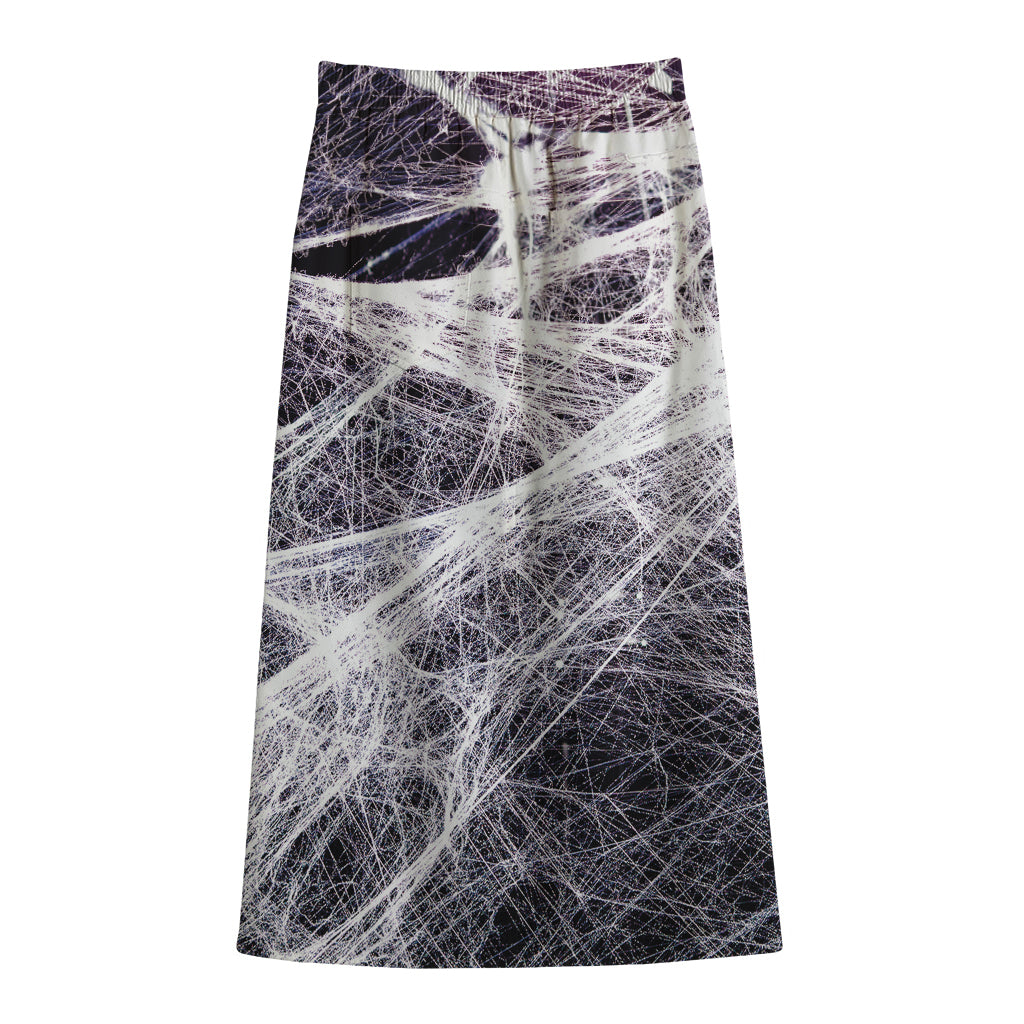 Horror Cobweb Print Cotton Front Slit Maxi Skirt