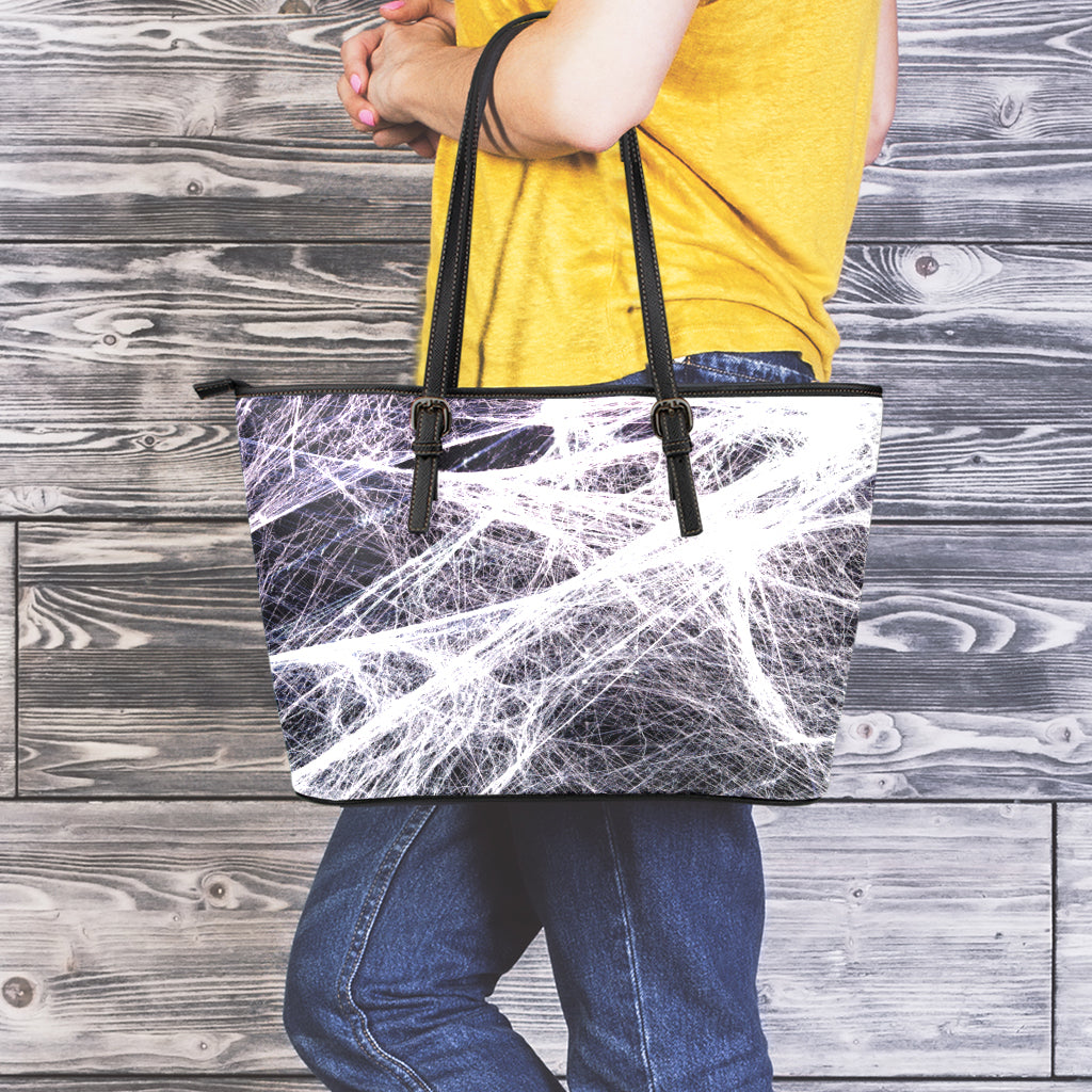 Horror Cobweb Print Leather Tote Bag