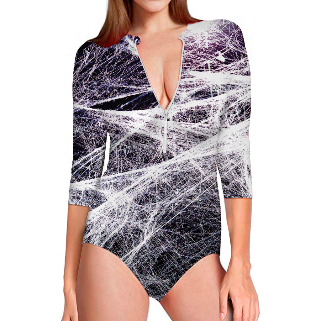 Horror Cobweb Print Long Sleeve Swimsuit