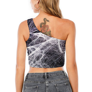 Horror Cobweb Print One Shoulder Crop Top