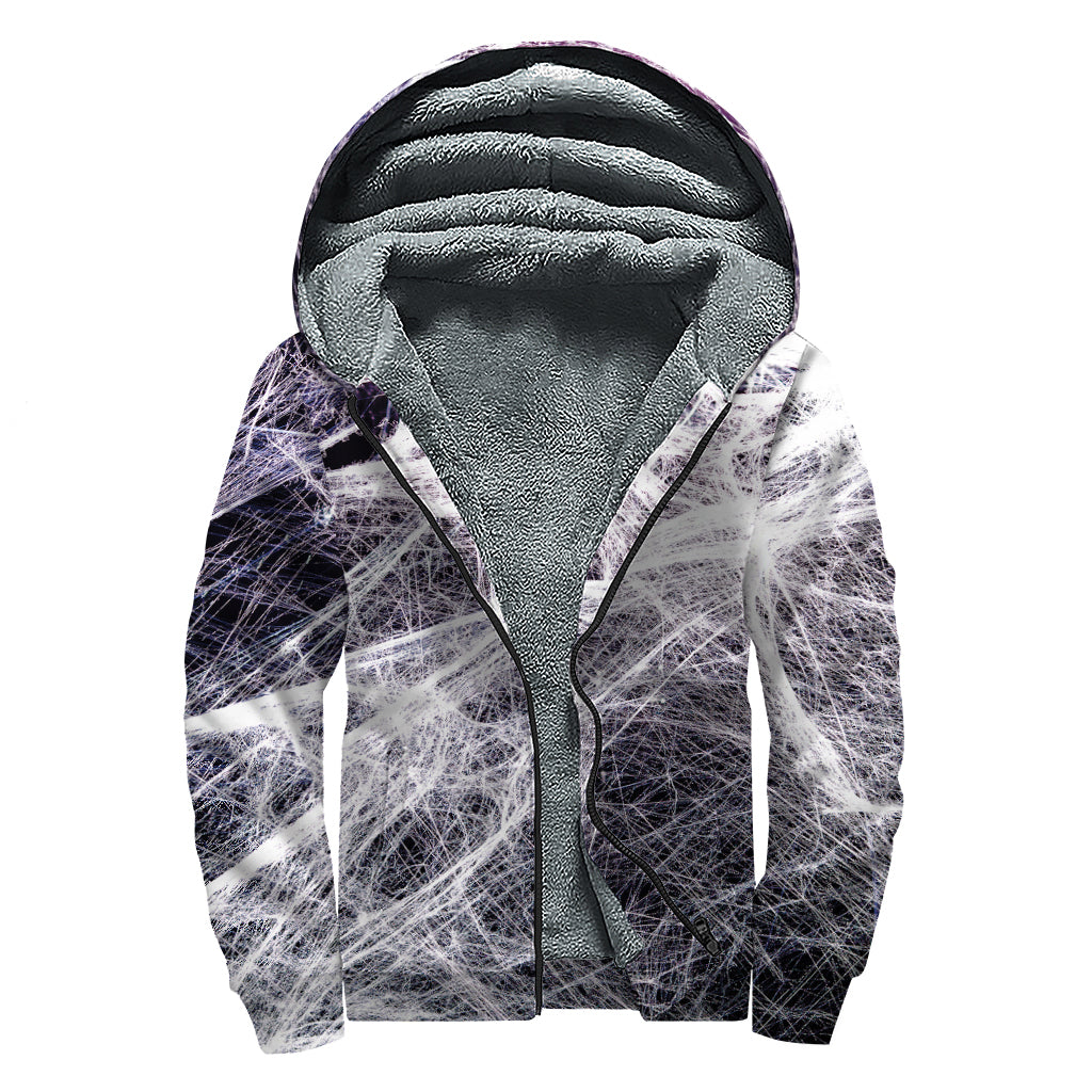 Horror Cobweb Print Sherpa Lined Zip Up Hoodie