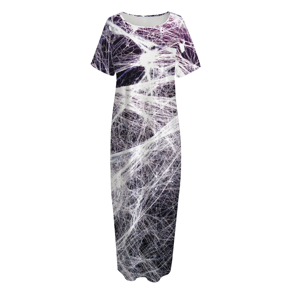 Horror Cobweb Print Short Sleeve Long Nightdress