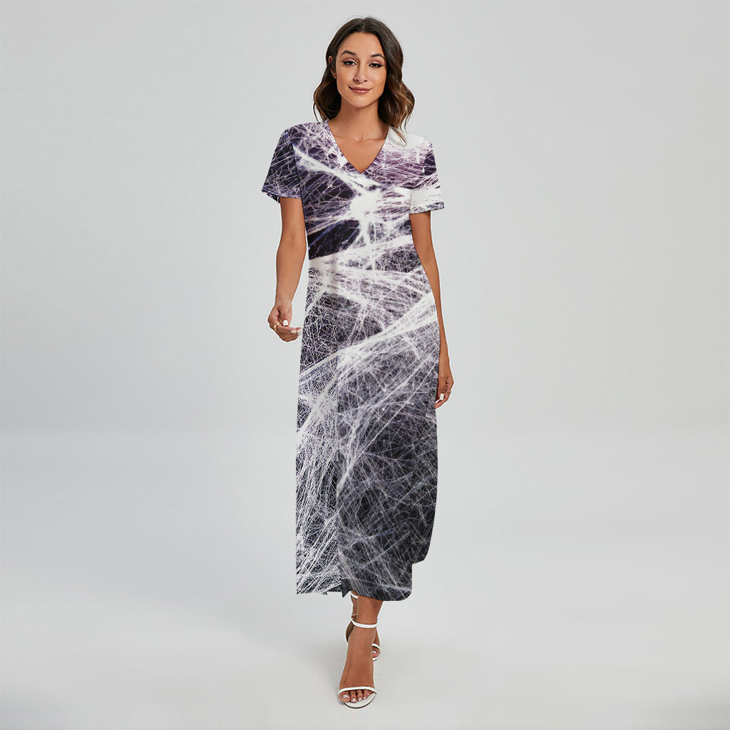 Horror Cobweb Print Short Sleeve Maxi Dress