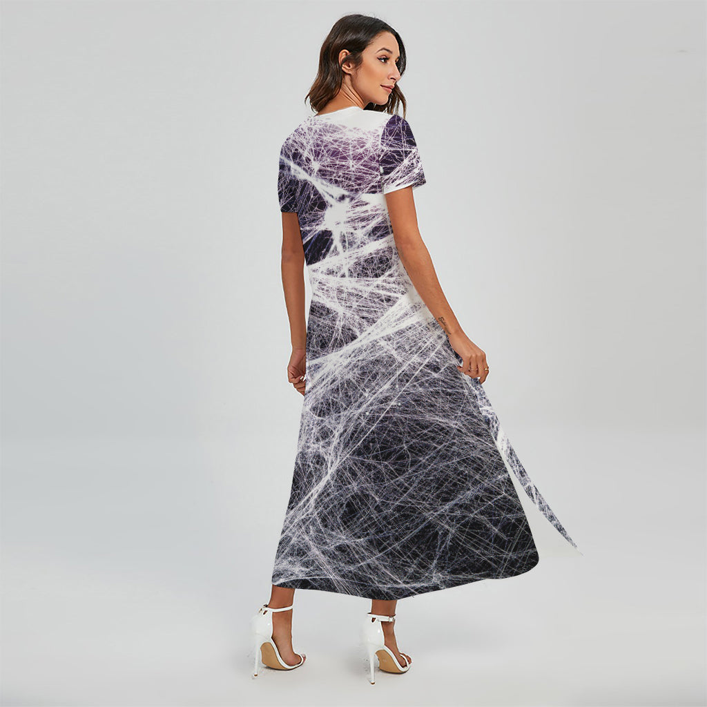 Horror Cobweb Print Short Sleeve Maxi Dress
