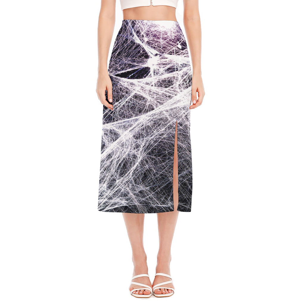 Horror Cobweb Print Side Slit Midi Skirt