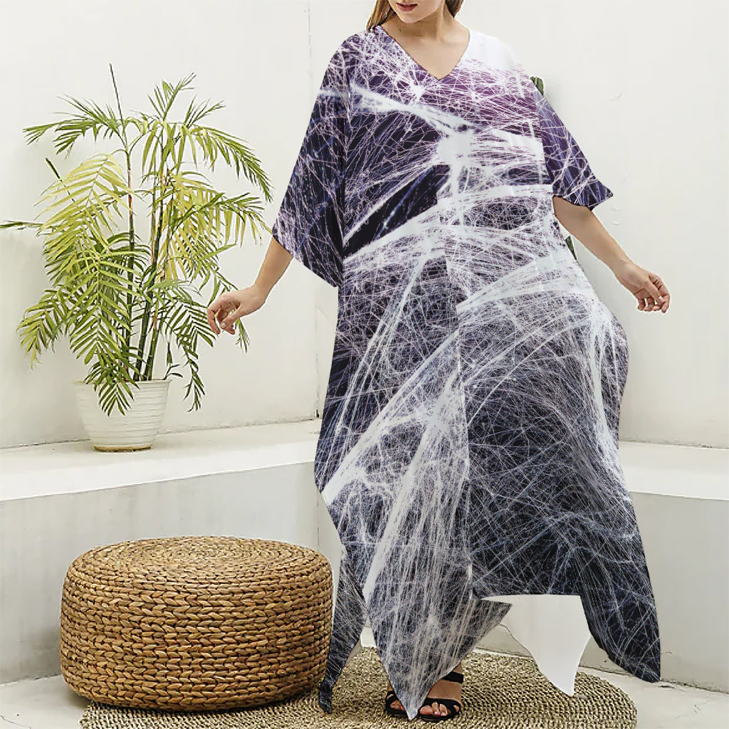Horror Cobweb Print Silk V-Neck Kaftan Dress
