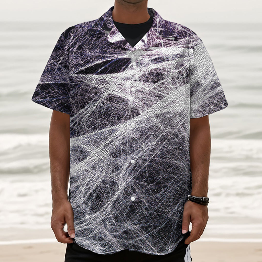 Horror Cobweb Print Textured Short Sleeve Shirt