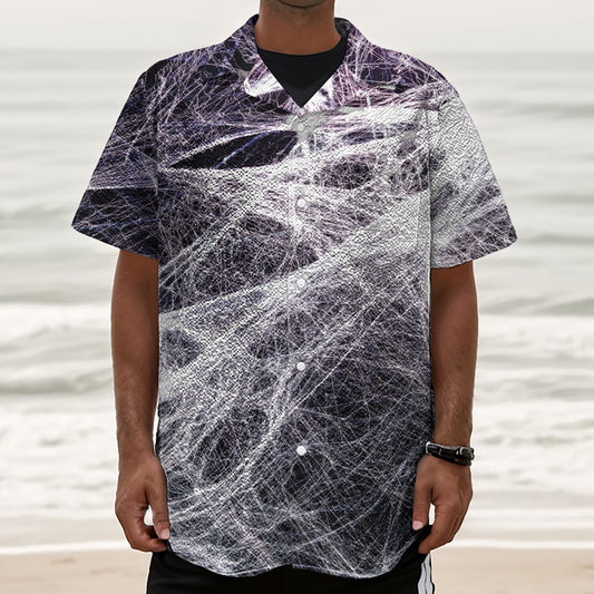 Horror Cobweb Print Textured Short Sleeve Shirt
