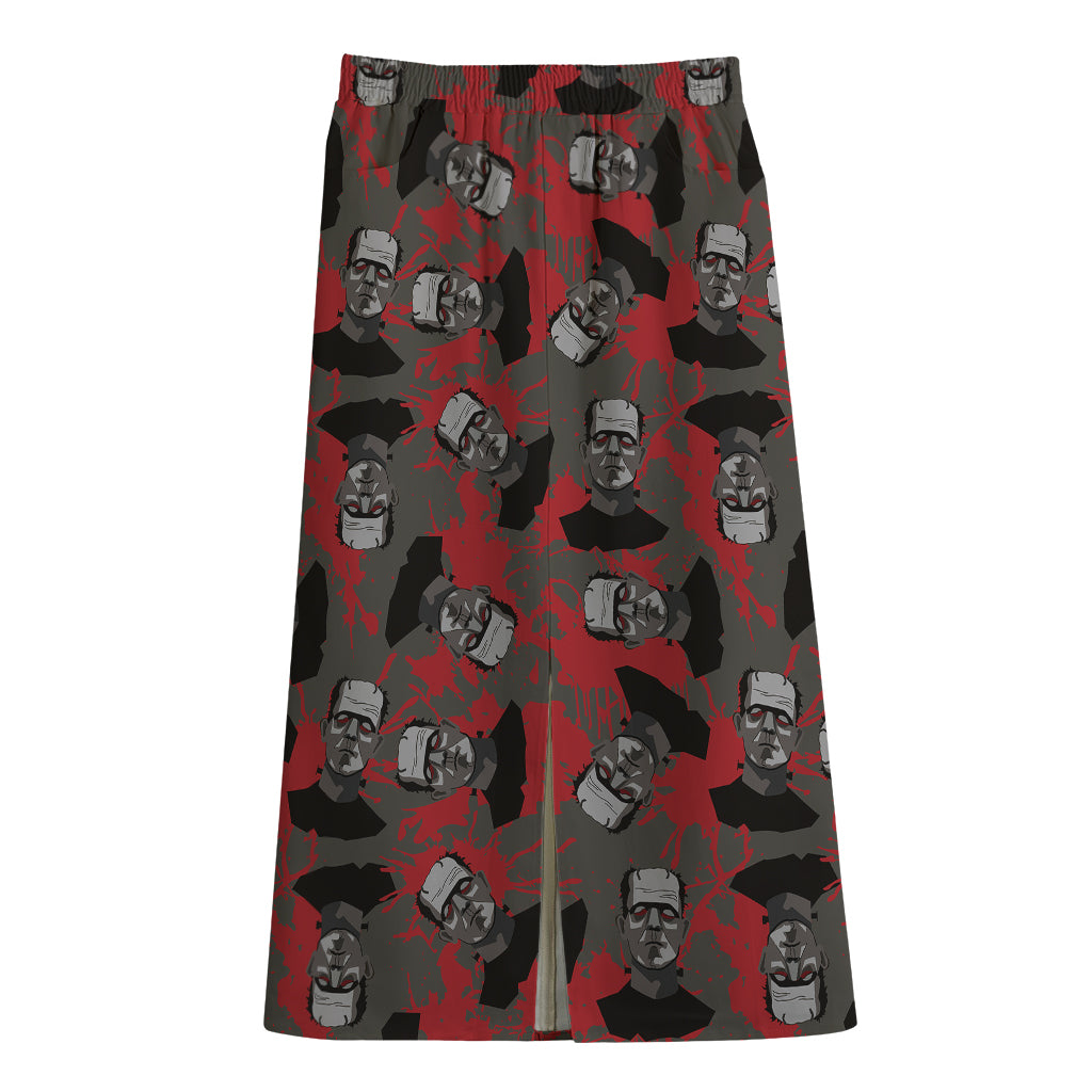 Horror Frankenstein Pattern Print Cotton Front Slit Maxi Skirt