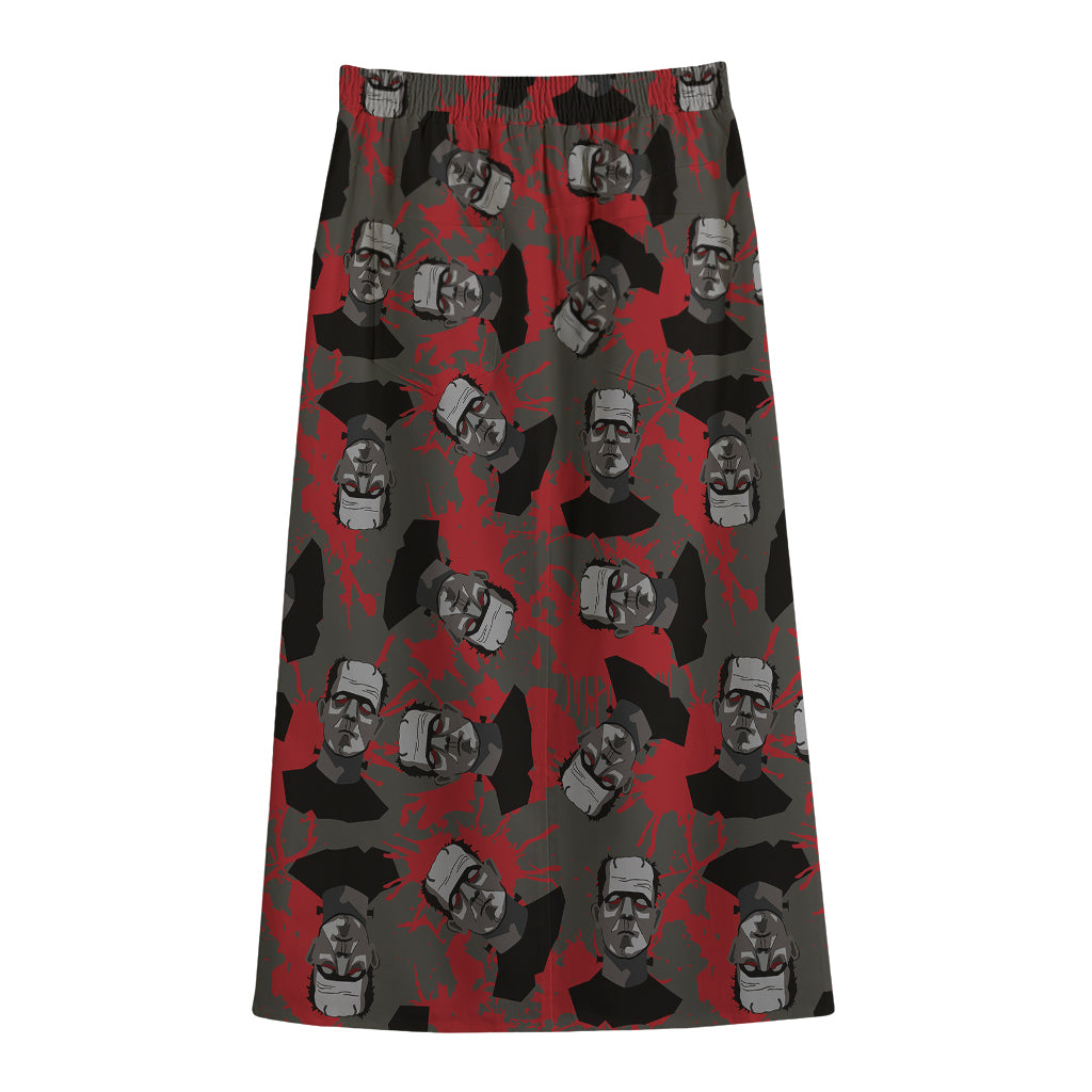 Horror Frankenstein Pattern Print Cotton Front Slit Maxi Skirt