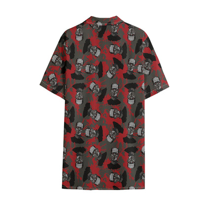 Horror Frankenstein Pattern Print Cotton Hawaiian Shirt