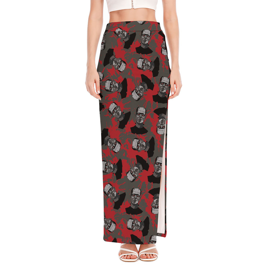 Horror Frankenstein Pattern Print High Slit Maxi Skirt