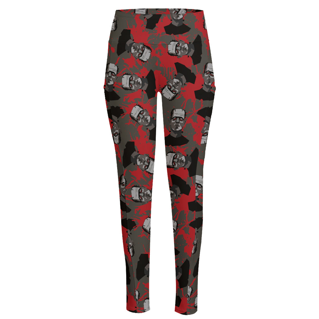 Horror Frankenstein Pattern Print High-Waisted Pocket Leggings