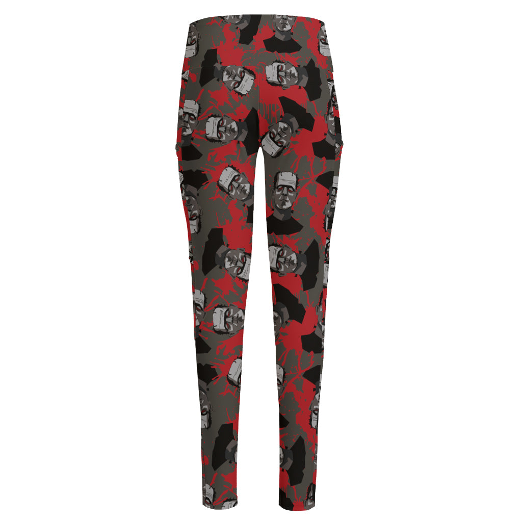 Horror Frankenstein Pattern Print High-Waisted Pocket Leggings