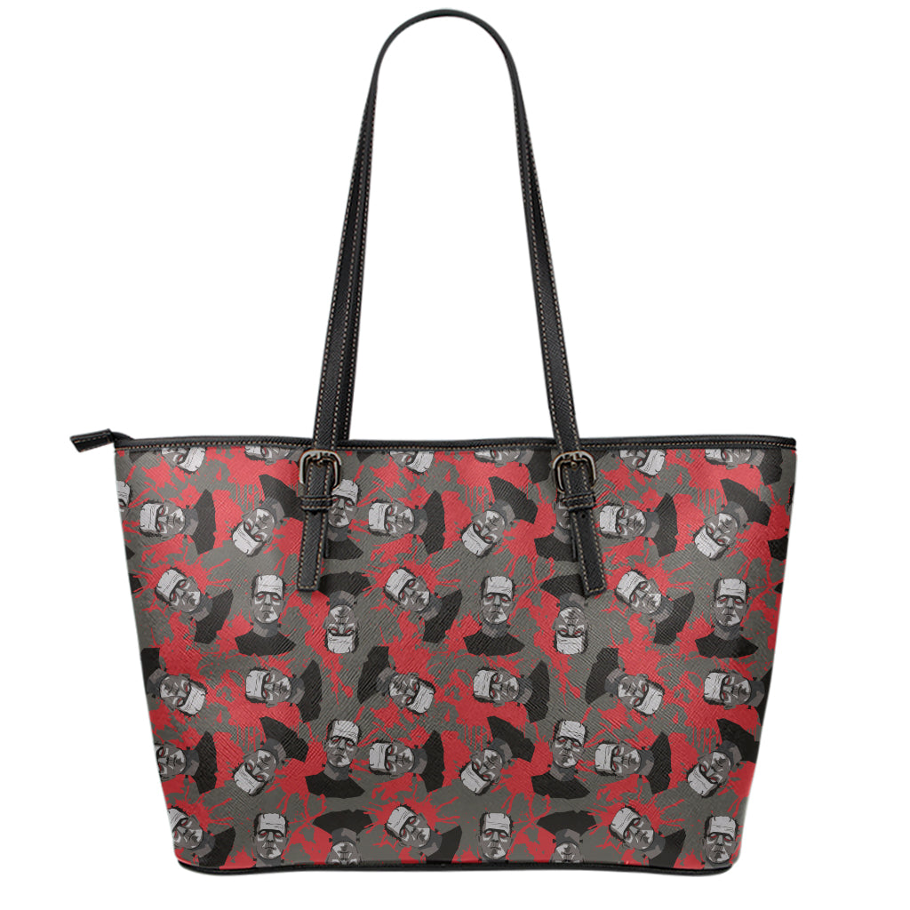 Horror Frankenstein Pattern Print Leather Tote Bag