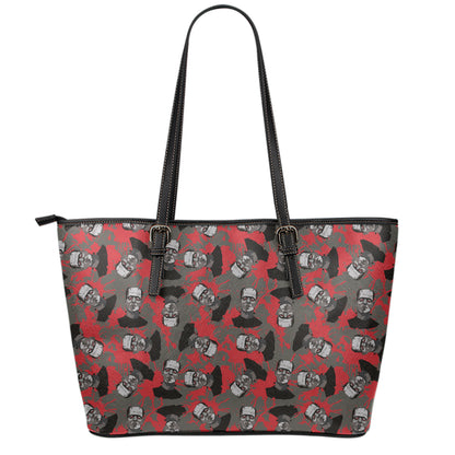 Horror Frankenstein Pattern Print Leather Tote Bag