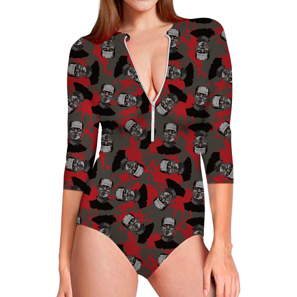 Horror Frankenstein Pattern Print Long Sleeve Swimsuit