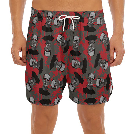 Horror Frankenstein Pattern Print Men's Split Running Shorts