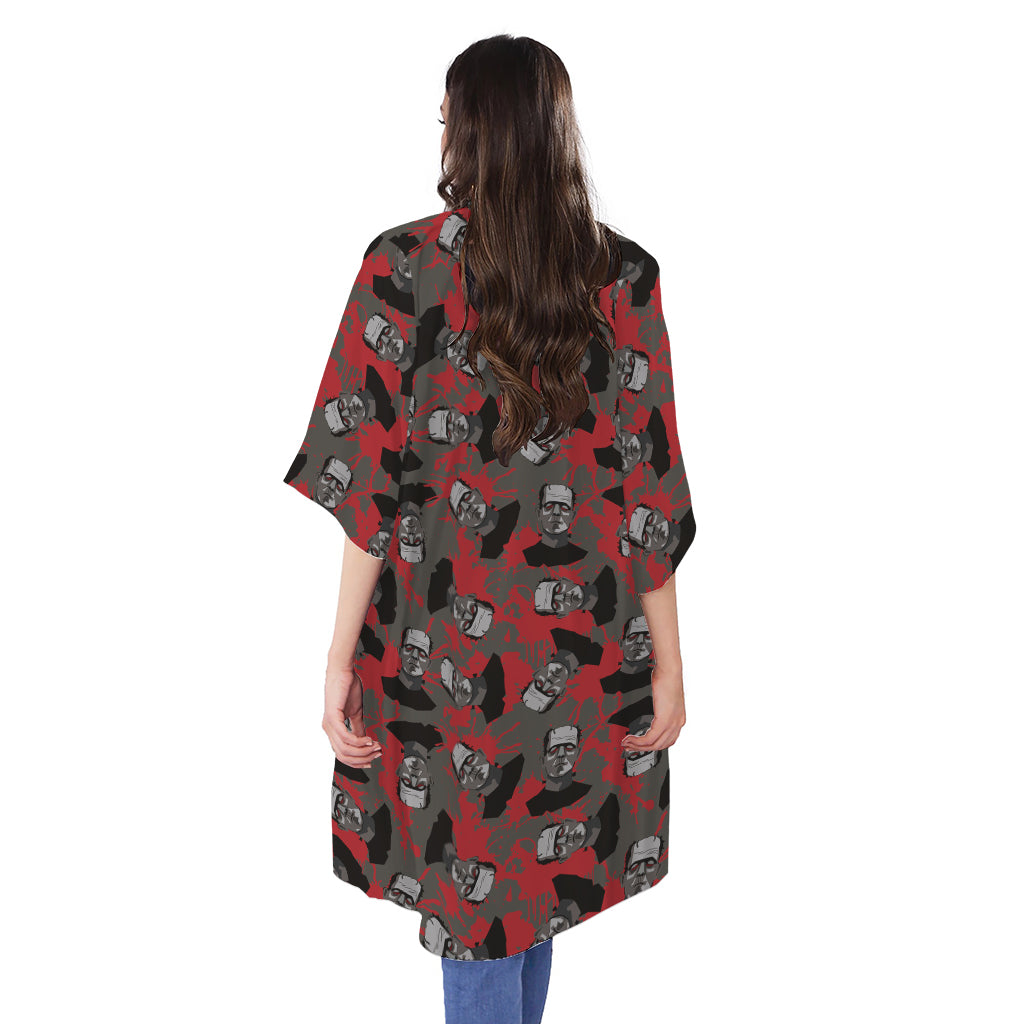 Horror Frankenstein Pattern Print Open Front Beach Cover Up