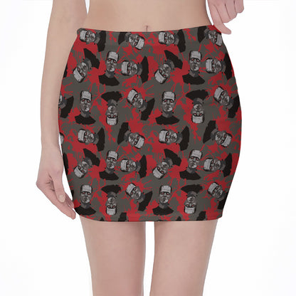 Horror Frankenstein Pattern Print Pencil Mini Skirt
