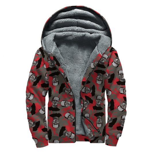 Horror Frankenstein Pattern Print Sherpa Lined Zip Up Hoodie