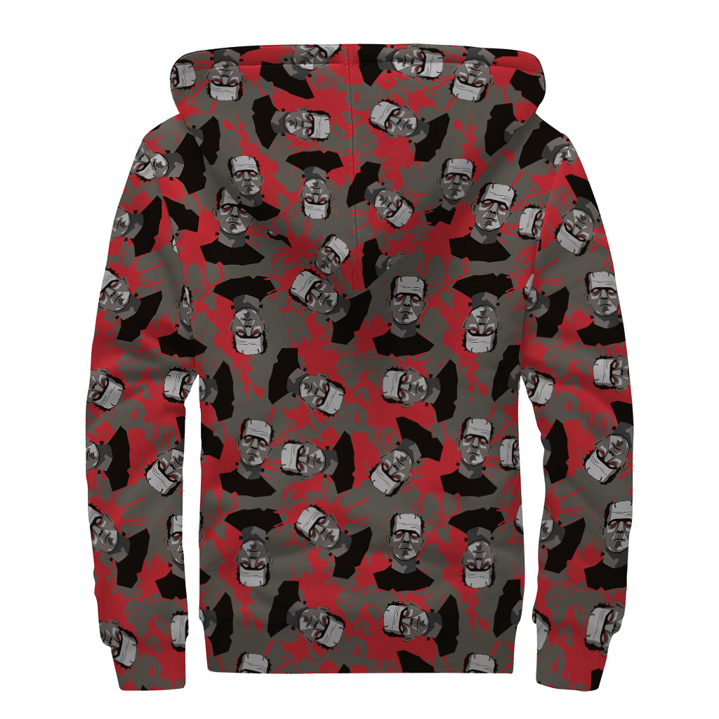 Horror Frankenstein Pattern Print Sherpa Lined Zip Up Hoodie